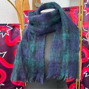 Foxford Mohair Wool Scarf Ireland Irish Knit Fuzzy Blue Green Plaid Tartan Check